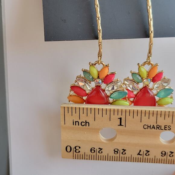 Gold Tone Drop Earrings Multicolor Resin Stones 2.75" Long Rhinestone, Gift Bag - Picture 9 of 13